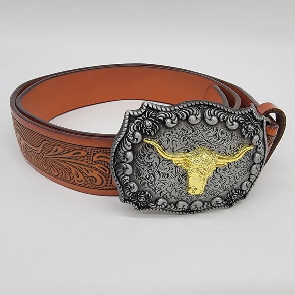 Western‎ Belt Brown Embossed Texas Longhorn Faux Leather Rodeo Cowboy NEW - Picture 1 of 6